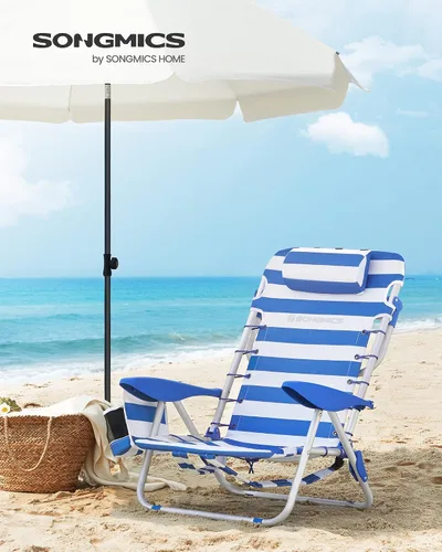 Miniatura 6 de SONGMICS Silla de playa portátil tipo mochila, capacidad de 331 libras, respaldo ajustable con 4 ángulos, 2 bolsillos laterales, toallero, azul