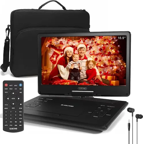 Reproductor de DVD portátil de 16.9 pulgadas con auriculares, pantalla giratoria HD de 14.1 pulgadas con bolsa de transporte extra, compatible con