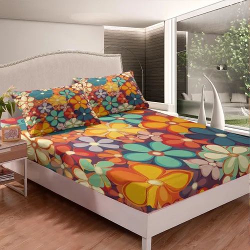 Miniatura 3 de Erosebridal Groovy Flower Sábanas de Cama Fiesta de los 70s Juegos de Sábanas Tamaño Individual Sábanas Florales Arcoíris Juegos de Sábanas y Fundas