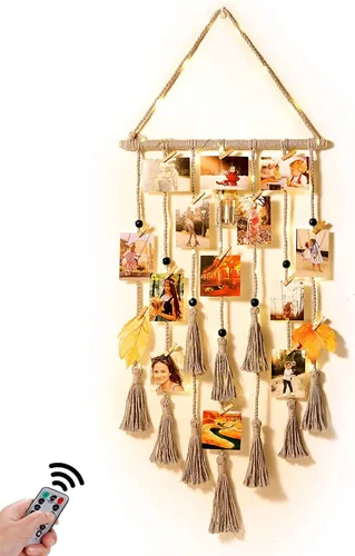 Miniatura 8 de Homecor Decoración de pared colgante de macramé negro, decoración bohemia para habitación, collage de marcos de fotos con luz remota, 30 clips