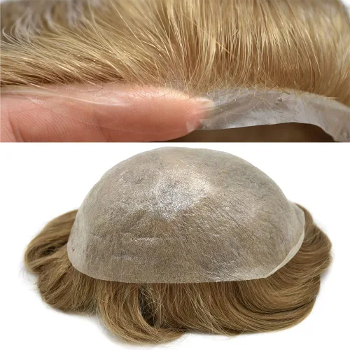 Miniatura 48 de Tupé de piel ultra fina para hombres pieza de cabello humano real sistema de reemplazo 0.002 in Mens Toupee Hairpiece para hombres V-Loop 8x10 80%