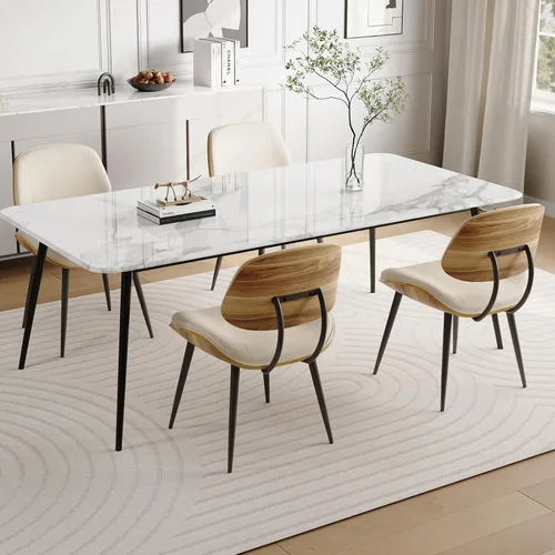 Miniatura 8 de Juego de 2 sillas de comedor modernas de mediados de siglo, sillas de cocina sin brazos de piel sintética con respaldo de madera curvada de nogal