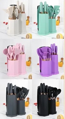 Miniatura 5 de Juego de utensilios de cocina y cuchillos de cocina con bloque de soporte, juego de 19 piezas de corte para cocineros, 11 utensilios de cocina
