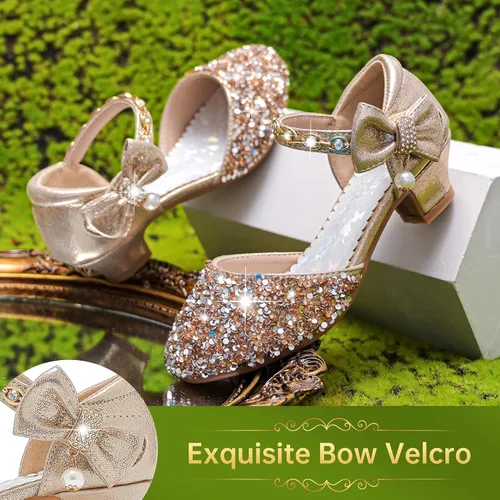 Miniatura 3 de Sandalias para niñas, tacones cerrados, para boda, fiesta, princesa, lazo con lentejuelas para niños pequeños y grandes
