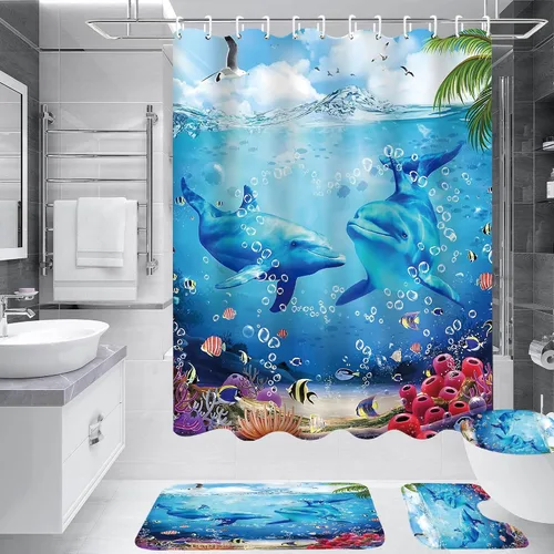 Miniatura 2 de Yddsky Juego de 4 cortinas de ducha con diseño de delfín oceánico azul con alfombras, cubierta de tapa de inodoro y tapete de baño, cortinas