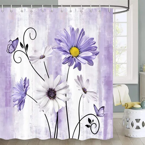 Miniatura 29 de JAWO Cortina de ducha con diseño floral de margaritas azules, cortina de ducha rústica de granja y mariposa en el campo, juego de cortinas de ducha