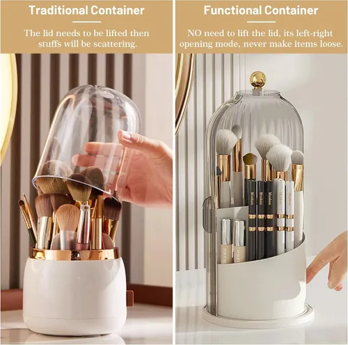 Miniatura 4 de Organizador de brochas de maquillaje con tapa transparente con apertura deslizante giratoria de 360 grados a prueba de polvo para tocador, 1 unidad