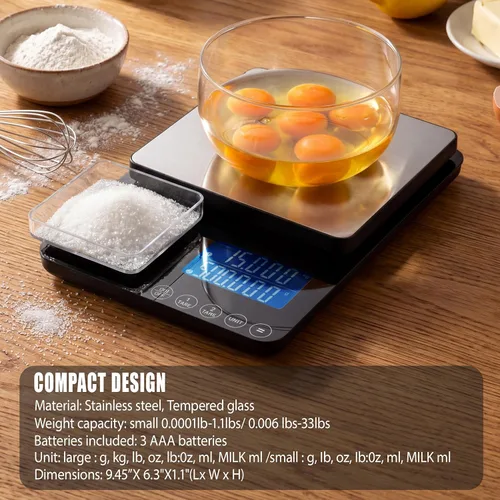 Miniatura 7 de Báscula de cocina de doble plataforma, báscula digital de alimentos con pantalla doble, dos básculas en una para pesada y precisa, 33 lb/0.01