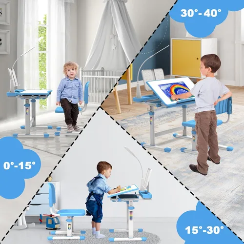 Miniatura 5 de BELANITAS Juego de escritorio y silla para niños, escritorio escolar de altura ajustable para niños, inclinable de 40 grados con 3 modos de luz