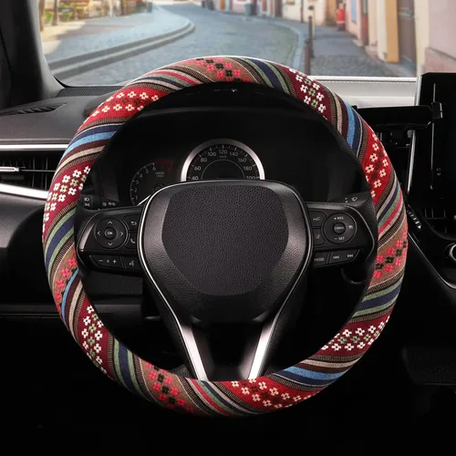 Miniatura 7 de SEG Direct Funda bohemia para volante con tela de manta Baja, cubierta para volante de estilo étnico hecha de lino grueso, se adapta a volantes