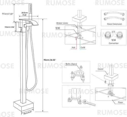 Miniatura 7 de RUMOSE Grifo Llenador de Bañera Independiente Grifo de Bañera Negro Mate Montaje en Piso Grifo de Bañera Cascada Independiente Llenador de Bañera