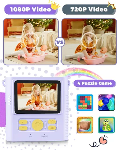 Miniatura 6 de Cámara de impresión instantánea para niños, regalos de cumpleaños de Navidad para niñas y niños de 3 a 12 años, cámaras de video digitales HD