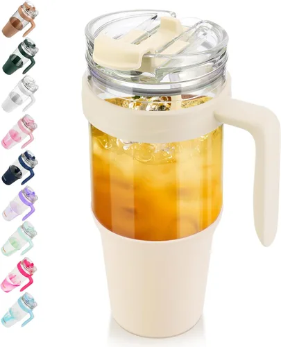 Miniatura 18 de Tronco Vaso de vidrio de 32 onzas con popote y tapa, tapa con popote 2 en 1 a prueba de fugas, botellas de agua de vidrio con asa, apto para Rosa
