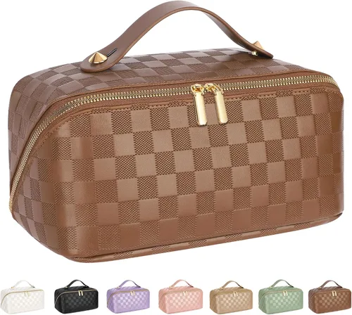 Miniatura 24 de Bolsa de cosméticos de viaje de gran capacidad - Bolsas de maquillaje portátiles para mujeres, impermeable, de cuero PU a cuadros, con organizador
