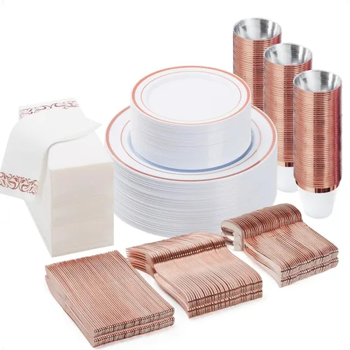 Miniatura 9 de BESTVIP Juego de vajilla desechable de 700 piezas en color dorado claro para 100 invitados, platos de plástico para fiesta, boda, Navidad, Incluye