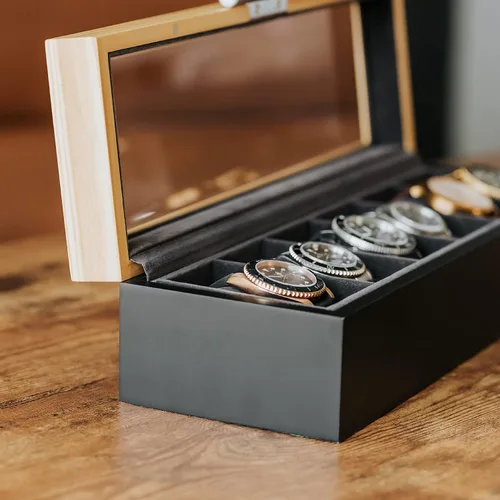 Miniatura 8 de CASE ELEGANCE Pino de dos tonos y base negra con mango de aluminio moderno caja de reloj de 6 ranuras con vidrio real