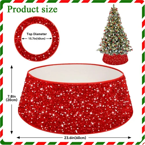 Miniatura 2 de FANPROMS Collares de Árbol de Navidad para Árboles Artificiales Base de 23.6 Pulgadas de Diámetro Falda de Árbol de Lentejuelas Rojas Moderno Anillo