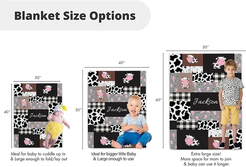 Miniatura 4 de Mantas de bebé personalizadas de vaca Minky con nombre, diseño de vaca lindo personalizado para niños y niñas, mantas de felpa suave con diseño a