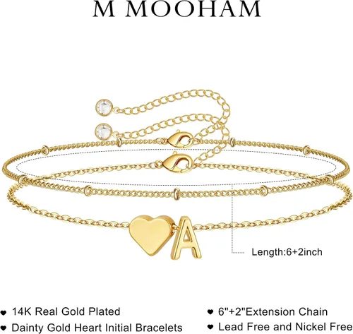 Miniatura 7 de M MOOHAM Pulseras de oro con inicial de corazón para mujer, pulseras con dije de letra A-Z de corazón dorado en capas para mujer, pulseras