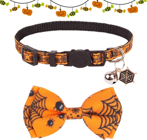 Miniatura 5 de ADOGGYGO Collares de gato de Halloween con campana de lazo, collar de moño para gatito, tela de araña, calavera, collares de Halloween para niñas