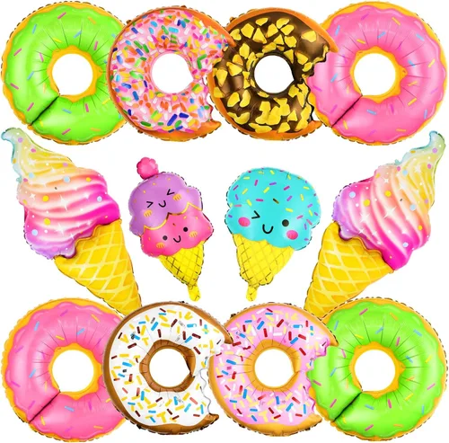 12 globos grandes de papel de aluminio de helado en forma de dona, globos de Mylar multicolor de caramelo dulce, enorme dona, decoración de fiesta
