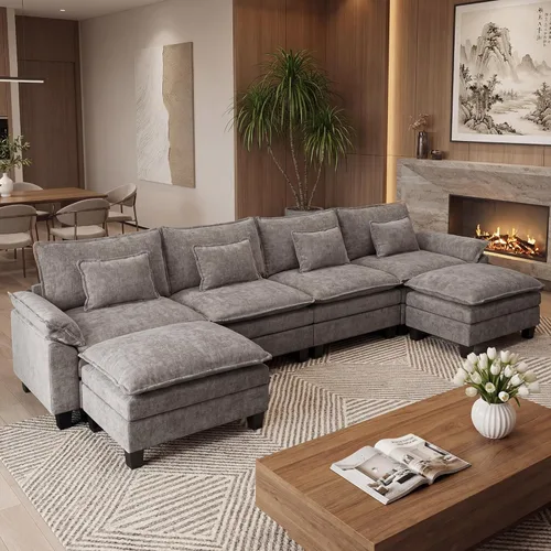 Miniatura 23 de URRED Cloud Couch Sofá Seccional Modular, Sofá Moderno en Forma de U de Asiento Profundo de 157", con 2 Otomanas y Almohadas, Sofás de Chenilla Azul