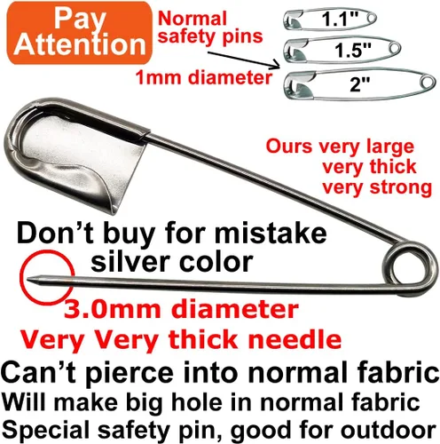 Miniatura 2 de 5 PIEZAS de alfileres de seguridad jumbo de acero inoxidable de 5 pulgadas de servicio pesado, color plateado, para lavandería, manta, llaveros