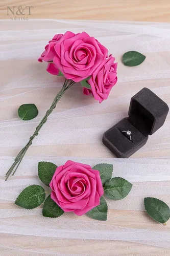 Miniatura 245 de N&T NIETING Flores artificiales, rosas artificiales de color rosa intenso, 50 piezas de flores falsas con tallo para ramos de boda DIY, centros
