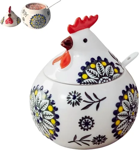 Miniatura 10 de Bodega de sal de cerámica con tapa y cuchara Recipiente grande de sal de pollo de 13.5 onzas Recipientes de sal y pimienta para encimera Rojo