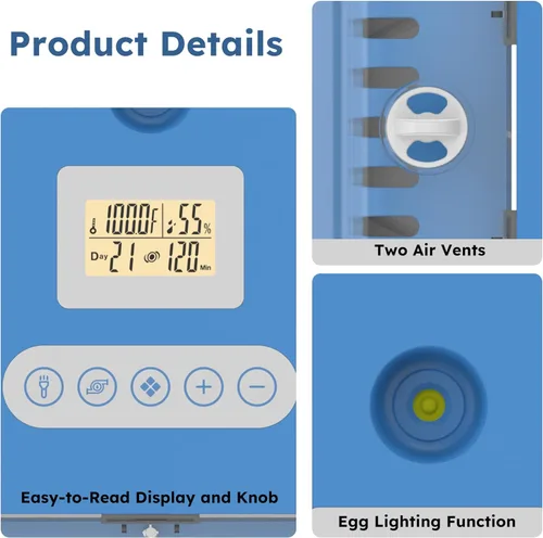 Miniatura 8 de Incubadora de huevos para incubar 70 huevos de pollo, pato, codorniz y ganso - Girador automático de huevos, control de humedad y temperatura, vela