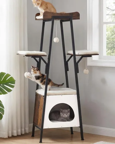 Miniatura 10 de Torre moderna de árbol para gatos de 46 pulgadas para gatos grandes, torre para gatos de varios niveles con bolas de juguete juguetonas, percha