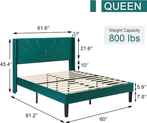 Miniatura 2 de VECELO Base de cama tapizada tamaño Queen con cabecera de tela, soporte de listones de madera, no necesita somier, base de colchón, color verde