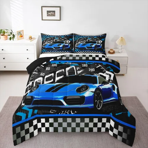 Feelyou Juego de edredón azul de carreras para niños, juego de ropa de cama de coche deportivo para niños y niños, edredón deportivo geométrico a