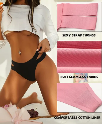 Miniatura 4 de Knowyou Paquete de 6 tangas sin costuras para mujer ropa interior sexy transpirable con correas elásticas en T para mujer