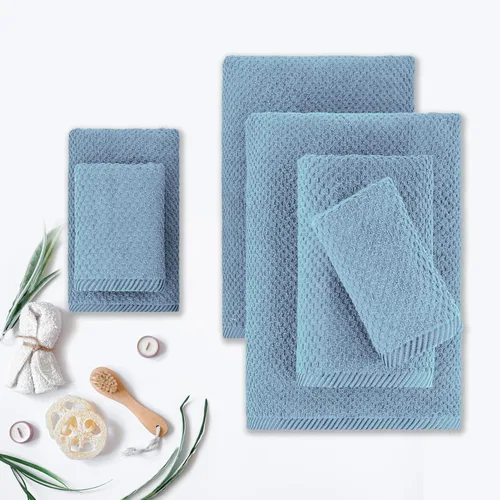 Miniatura 3 de CASA COPENHAGEN Juego de 6 toallas de palomitas de maíz, color azul polvoriento, 21.16 oz/m², 2 toallas de baño, 2 toallas de mano y 2 toallas