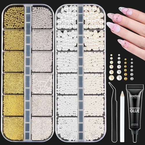 Miniatura 14 de Beetles Polvo Cromado para Uñas 2 Frascos Blanco y Púrpura Perla Cromer Polvo Cromado para Uñas para Gel Efecto Espejo Brillo Kit de Manicura Espejo