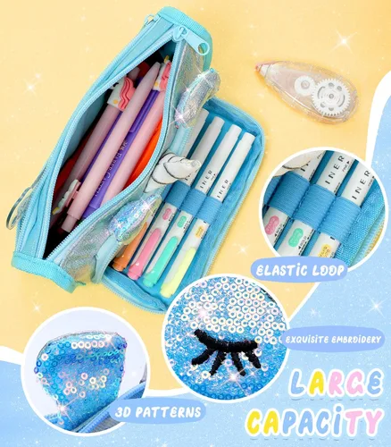 Miniatura 5 de Lindo estuche para lápices, estuche 3D para niñas y niños, bolsa brillante para lápices con lentejuelas para estudiantes, suministros escolares