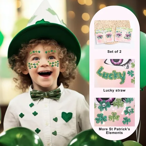 Miniatura 2 de Ecuupas Día de San Patricio, gemas faciales para festivales de tréboles, trébol con purpurina verde, diseño de diamantes de imitación de ojos