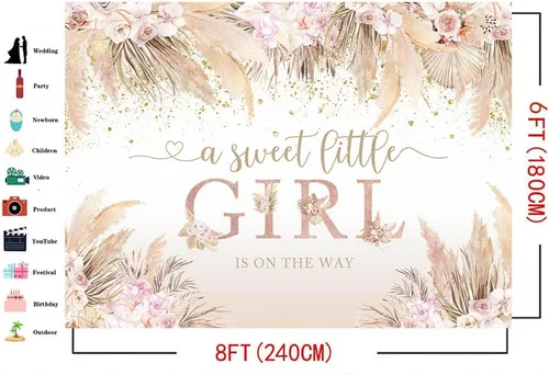 Miniatura 4 de Mocsicka Boho Hola Bebé Telón de Fondo Boho Chic Flores Rosas Baby Shower Fondo Una Dulce Pequeña Niña Está en Camino Decoraciones de Pastel