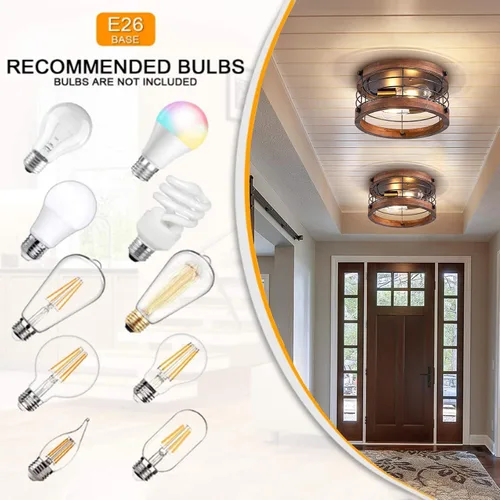 Miniatura 4 de Lámpara de Techo Empotrada Estilo Granja, 12.6 Pulgadas, Luminaria de Techo de Metal y Madera de 2 Luces, Lámpara de Techo Semi Tambor Rústico