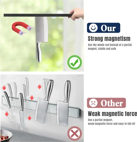 Miniatura 3 de Dmore soporte magnético para cuchillos de pared—con 4 ganchos, Sin Perforación, tira magnética negra de 23 pulgadas para cuchillos, potente estante