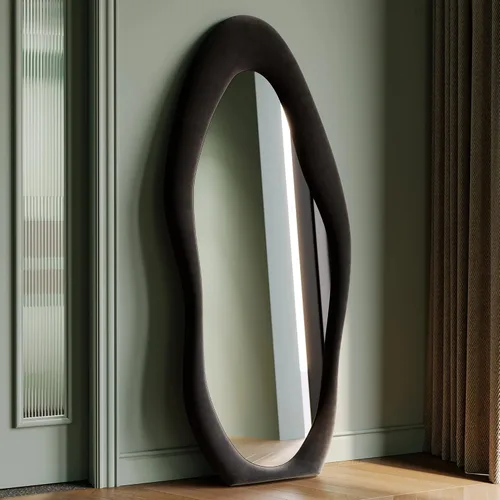Miniatura 17 de Honyee - Espejo de cuerpo completo de 63 x 24 pulgadas, espejo de pared, marco de madera envuelto en franela, espejo de cuerpo completo ondulado Gris