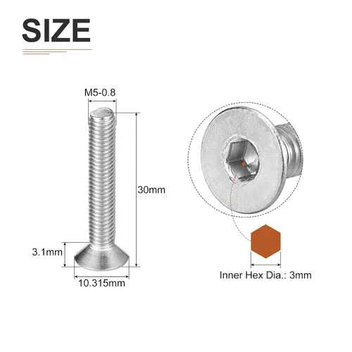 Miniatura 2 de DTGN Tornillos de cabeza plana M5-0.031 x 1.181 in, paquete de 50 tornillos de cabeza plana de acero inoxidable 304, rosca completa, pernos