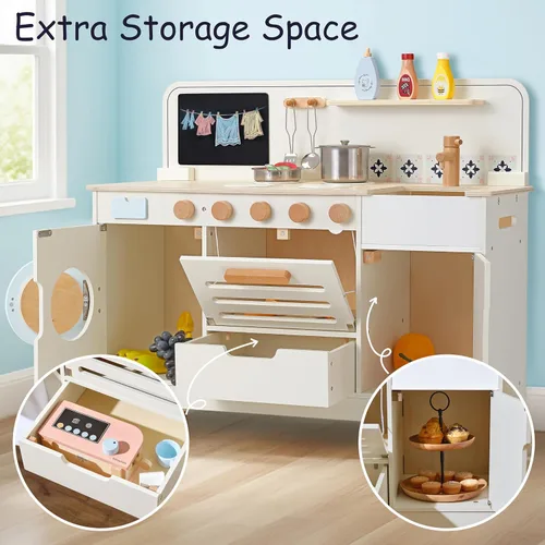 Miniatura 8 de Juego de cocina de madera Pillowhale, juego de cocina grande interactivo con lavadora, horno, cajón y almacenamiento, utensilios de cocina de metal