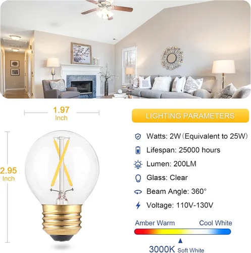 Miniatura 3 de Bombilla LED A15 regulable, bombillas de globo E26 de 2 W, equivalente a bombilla incandescente de 25 W, blanco cálido suave de 3000 K, vidrio