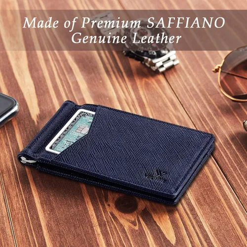 Miniatura 20 de YBONNE - Cartera fina con clip para dinero, de cuero auténtico, bloqueo RFID, minimalista