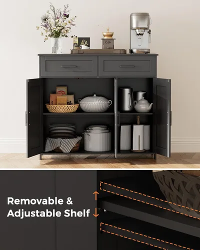 Miniatura 4 de Homhedy Aparador de buffet, gabinete de almacenamiento de barra de café con cajones y puertas, armario de cocina de granja con estantes ajustables