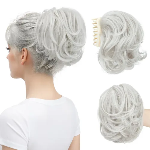 Miniatura 21 de Pinza de pelo con clip de garra, moño corto, pieza de cabello de moño desordenado, extensiones de cabello flexibles, ramificación de cabello Gris