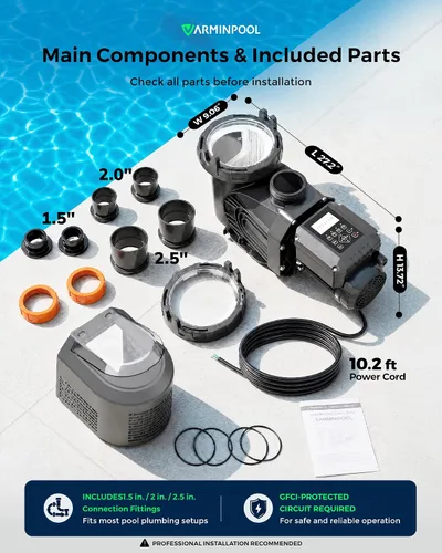 Miniatura 3 de Bomba de piscina de velocidad variable de 1.8 HP para piscinas elevadas e interiores, hasta 9114 GPH, bomba de piscina inversora de 220 V con motor