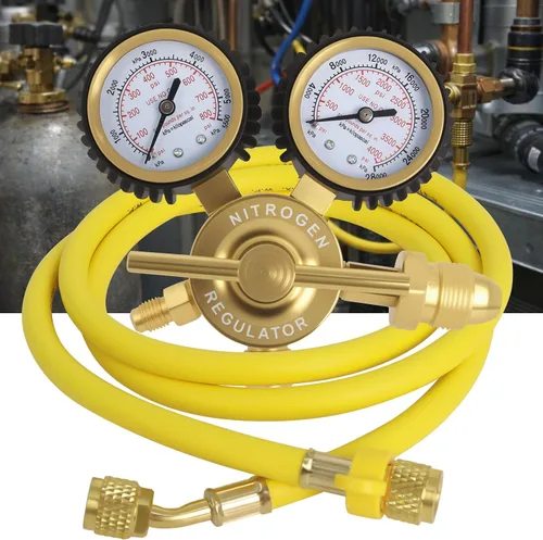 Regulador de nitrógeno 0-800 PSI CGA580 con doble calibre y manguera reforzada de 60 pulgadas, salida de llamarada macho de 1/4 pulgadas - Regulador